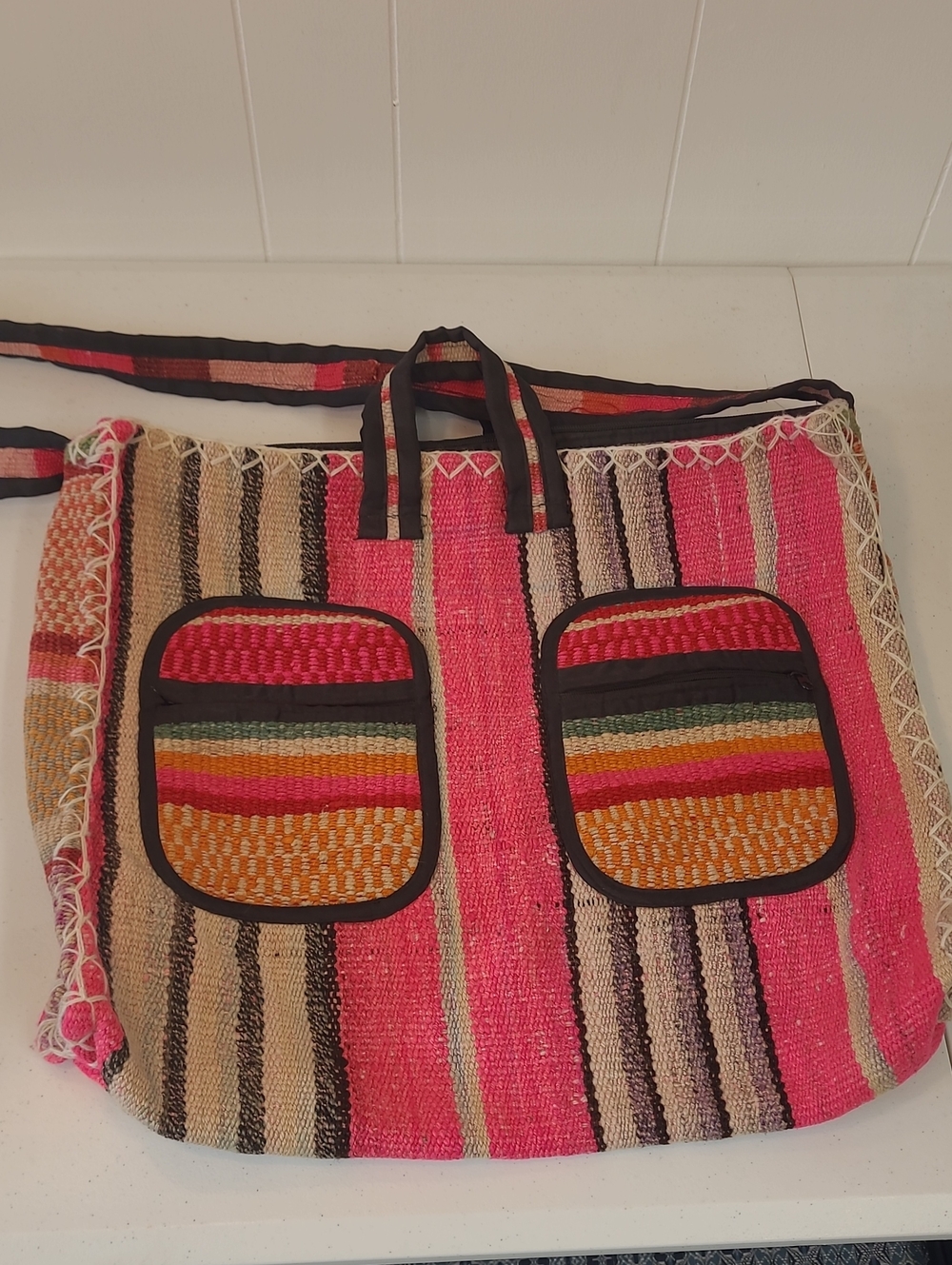 Andean Peruvian Fabric Multi-Stripe Tote Bag 21"W x 19"H with 2 Front Pockets